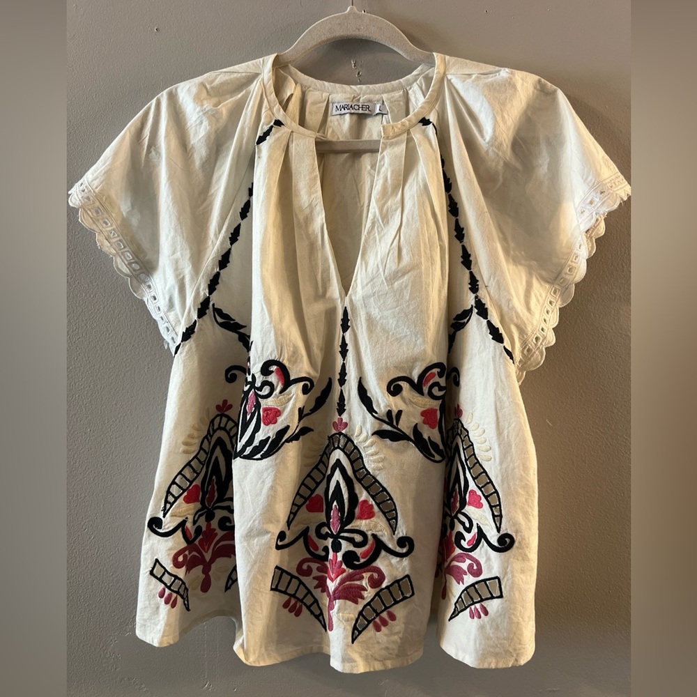 MARIACHER. Size L Floral-Embroidered Blouse White O
